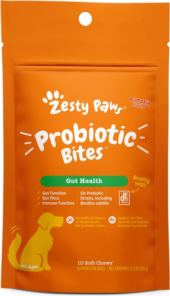 Show full view: Zesty Paws Probiotic Bites Pumpkin Flavored Soft Chews Gut Flora & Digestive Supplement for Dogs, 10 count slide 1 of 10