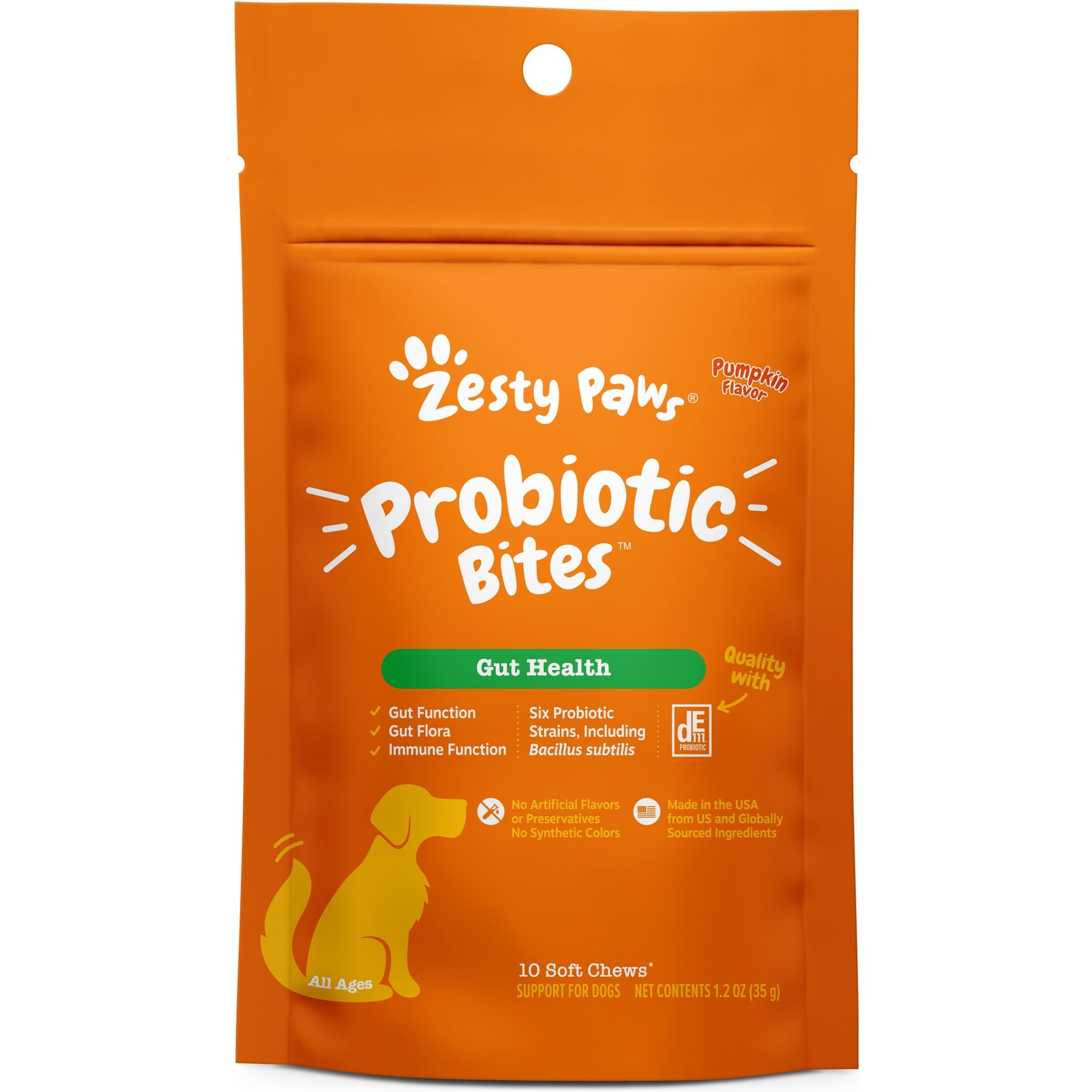 Zesty Paws Probiotic Bites Pumpkin Flavored Soft Chews Gut Flora & Digestive Supplement for Dogs, 10 count