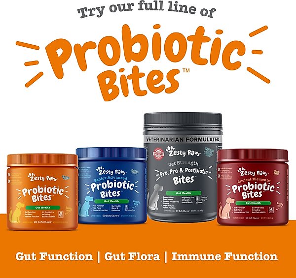 Show full view: Zesty Paws Probiotic Bites Pumpkin Flavored Soft Chews Gut Flora & Digestive Supplement for Dogs, 90 count slide 6 of 9