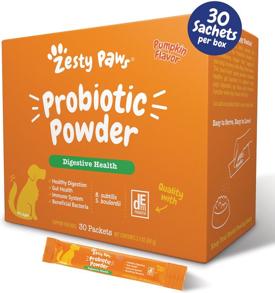 Show full view: Zesty Paws Probiotic Powder Pumpkin Flavored Gut Flora & Digestive Aid Supplement for Dogs, 30 count slide 1 of 10