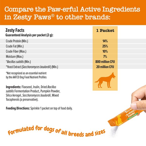 Show full view: Zesty Paws Probiotic Powder Pumpkin Flavored Gut Flora & Digestive Aid Supplement for Dogs, 30 count slide 4 of 10