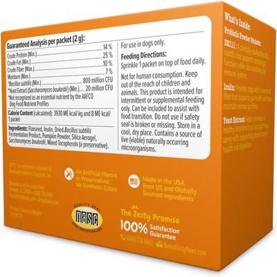 Show full view: Zesty Paws Probiotic Powder Pumpkin Flavored Gut Flora & Digestive Aid Supplement for Dogs, 30 count slide 6 of 11