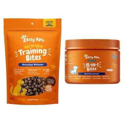 Show full view: Zesty Paws Puppy 8-in-1 Chicken Flavor Soft Chew Supplement, 90 count + All-in-One Bacon Flavored Dog Treats slide 1 of 9