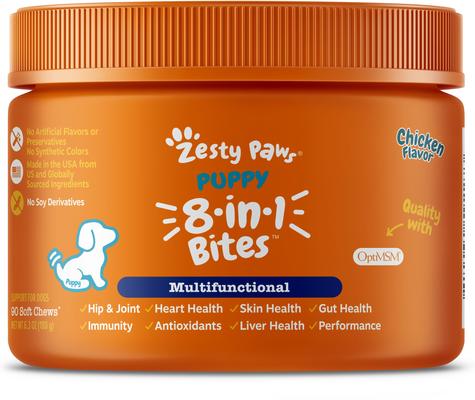 Show full view: Zesty Paws Puppy 8-in-1 Chicken Flavor Soft Chew Supplement, 90 count + All-in-One Bacon Flavored Dog Treats slide 2 of 9