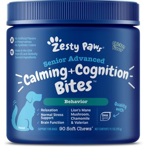 Zesty Paws Senior Advanced Calming + Cognition Bites Chicken Flavor Soft Chews Composure Supplement for Dogs, 90 count