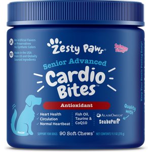 Zesty Paws Senior Advanced Cardio Bites Salmon Flavored Soft Chews Heart Supplement for Dogs, 90 count