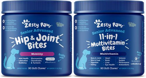 Show full view: Zesty Paws Senior, Advanced Mobility Bites, Chicken Flavored Soft Chews, Hip & Joint Functional Dog Supplement, 90 count + Zesty Paws 11-in-1 Bites Multifunctional MSM & Curcumin + Cranberry & Lutein Senior Chicken Flavor Dog Supplement, 90 count slide 1 of 10