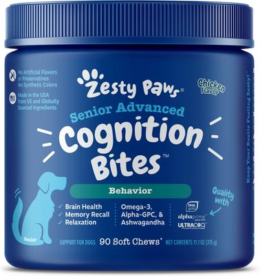Show full view: Zesty Paws Senior, Advanced Mobility Bites, Chicken Flavored Soft Chews, Hip & Joint Functional Dog Supplement, 90 count + Zesty Paws Seniors Advanced Cognition Bites Chicken Flavor Dog Supplement, 90 count slide 2 of 9