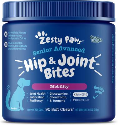 Show full view: Zesty Paws Senior, Advanced Mobility Bites, Chicken Flavored Soft Chews, Hip & Joint Functional Dog Supplement, 90 count + Zesty Paws Seniors Advanced Cognition Bites Chicken Flavor Dog Supplement, 90 count slide 6 of 9