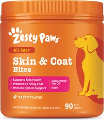 Zesty Paws Skin & Coat Bites Bacon Flavored Soft Chews Omega 3 Fish Oil Supplement for Dogs, 90 count