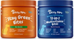 Zesty Paws Stay Green Bites Digestive Support Chicken Flavor Soft Chew Dog Supplement, 90 count + Zesty Paws 11-in-1 Bites Multifunctional MSM & Curcumin + Cranberry & Lutein Senior Chicken Flavor Dog Supplement, 90 count