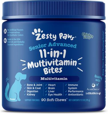 Show full view: Zesty Paws Stay Green Bites Digestive Support Chicken Flavor Soft Chew Dog Supplement, 90 count + Zesty Paws 11-in-1 Bites Multifunctional MSM & Curcumin + Cranberry & Lutein Senior Chicken Flavor Dog Supplement, 90 count slide 2 of 9