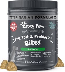 Zesty Paws Vet Strength Pre, Post, & Probiotic Soft Chews Gut Flora & Digestive Supplement for Dogs, 90 count