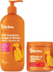 Zesty Paws Wild Alaskan Salmon Oil Formula Liquid Skin & Coat Supplement, 32-oz bottle + Allergy Immune Bites Lamb Flavored Soft Chews Immune System & Allergy Supplement for Dogs, 90 count