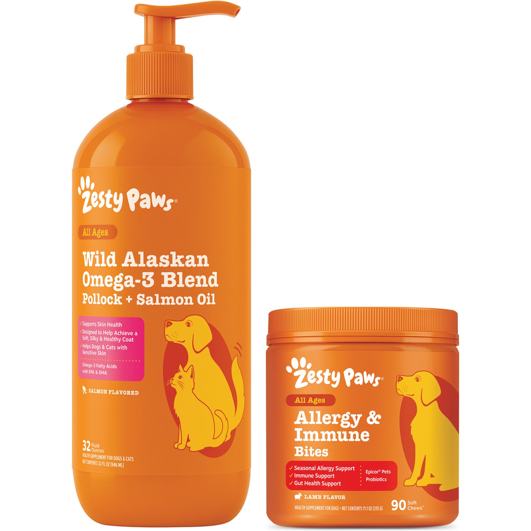 Zesty Paws Wild Alaskan Salmon Oil Formula Liquid Skin & Coat Supplement, 32-oz bottle + Allergy Immune Bites Lamb Flavored Soft Chews Immune System & Allergy Supplement for Dogs, 90 count