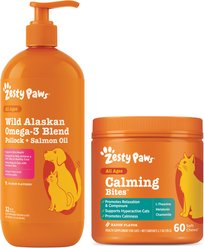 Zesty Paws Wild Alaskan Salmon Oil Formula Liquid Skin & Coat Supplement, 32-oz bottle + Calming Bites Bacon Flavored Soft Chews Supplement for Cats, 60 count