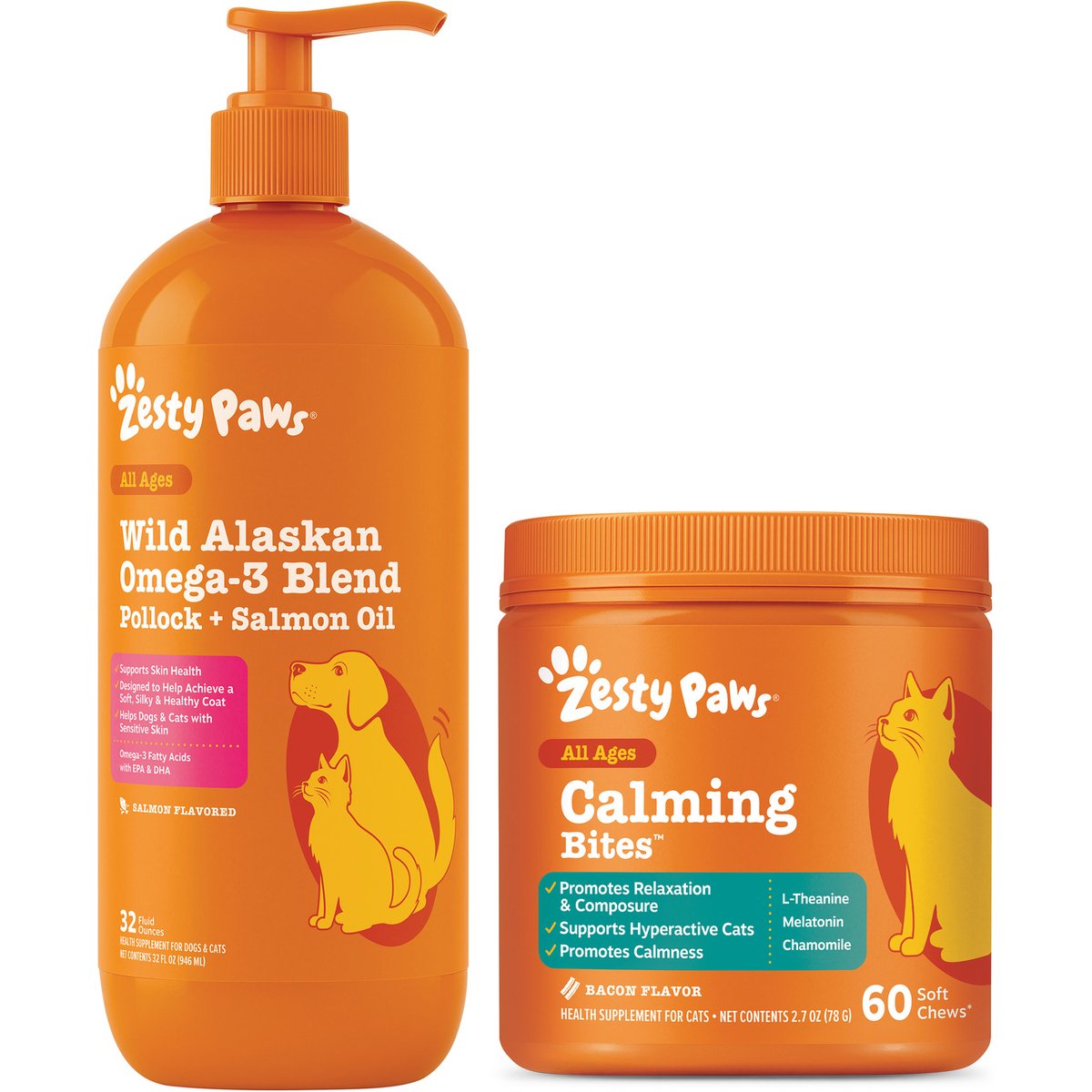 Zesty Paws Wild Alaskan Salmon Oil Formula Liquid Skin & Coat Supplement, 32-oz bottle + Calming Bites Bacon Flavored Soft Chews Supplement for Cats, 60 count