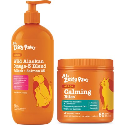 Zesty Paws Zesty Paws Wild Alaskan Salmon Oil Formula Liquid Skin & Coat Supplement, 32-oz bottle + Calming Bites Bacon Flavored Soft Chews Supplement for Cats, 60 count