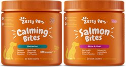 Zesty Paws Zesty Paws All Ages, Calming Bites, Peanut Butter Flavored Soft Chews, Behavior Functional Dog Supplement, 90 count & Zesty Paws Salmon Bites Skin & Coat Dog Supplement, 90 count