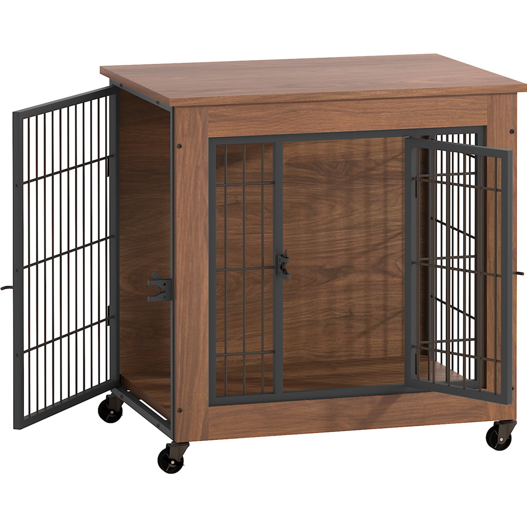 Zeus & Ruta 2 Door Heavy Duty Wooden Locking Dog Crate with End Table, Brown, 27.2-in