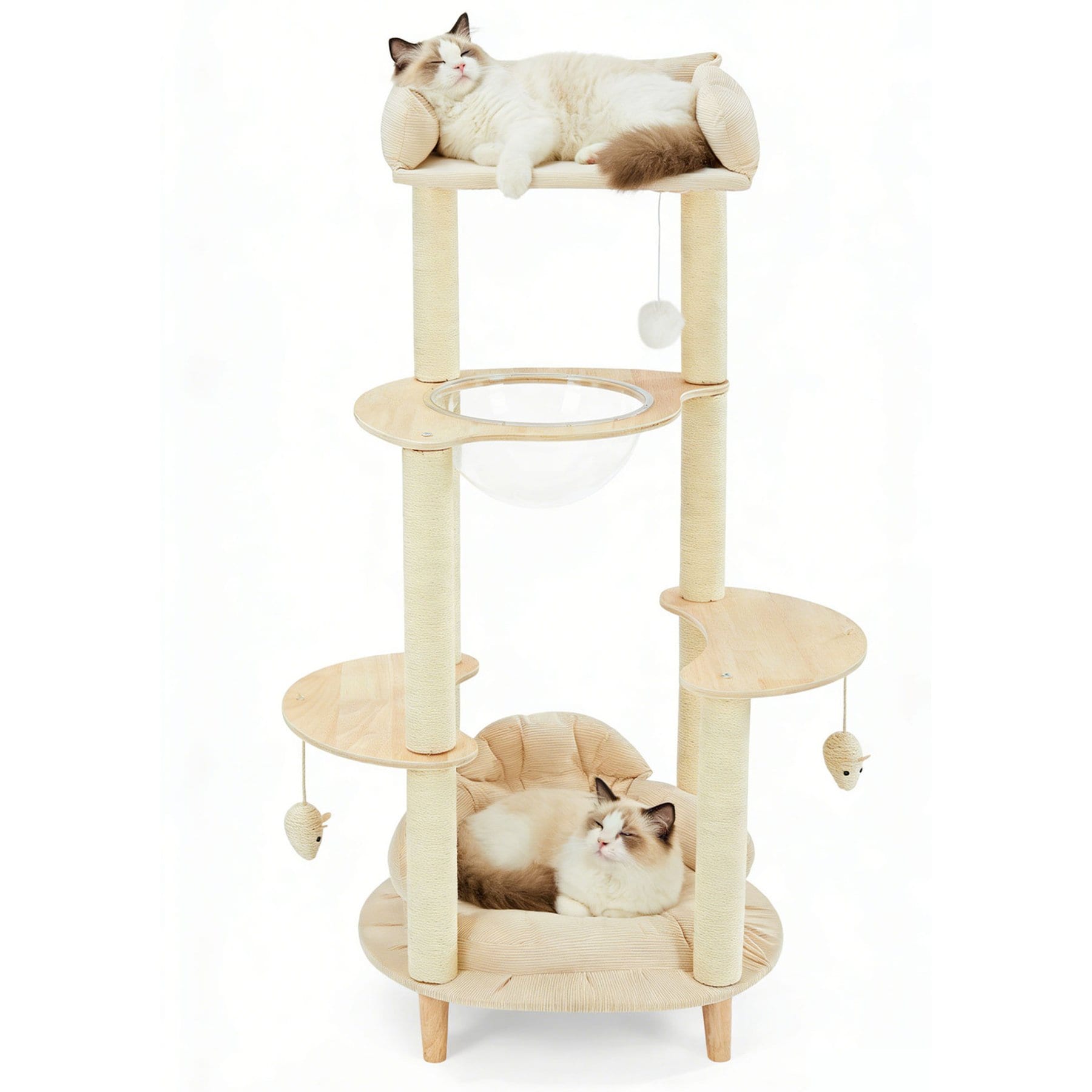 Zeus & Ruta 4-Tier 45.7-in Height Heavy-Duty No-Drill Solid Wood Multi-Cat Tree Tower with Cozy Bed, Natural Color