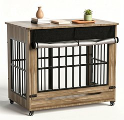 Zeus & Ruta Cage End Table Indoor Double Door Wooden Kennel Furniture Locking Dog Crate with Wheels, Greige, XX-Large: 46-in