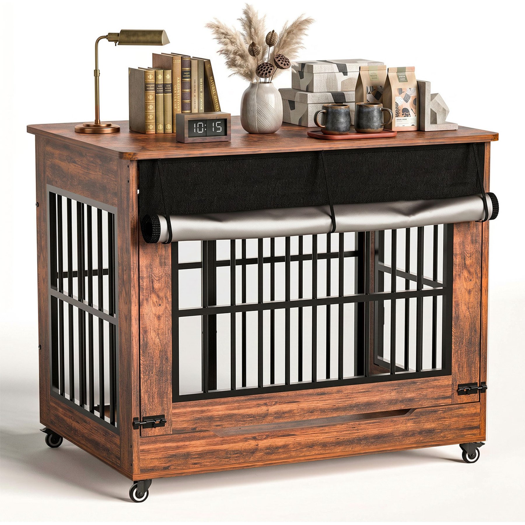 Zeus & Ruta Cage End Table Indoor Double Door Wooden Kennel Furniture Locking Dog Crate with Wheels, Rustic Brow, X-Large: 42-in
