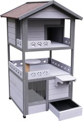 Zeus & Ruta Feral Villa Shelter Weatherproof Three Story Outdoor Cat House with Balcony, Gray