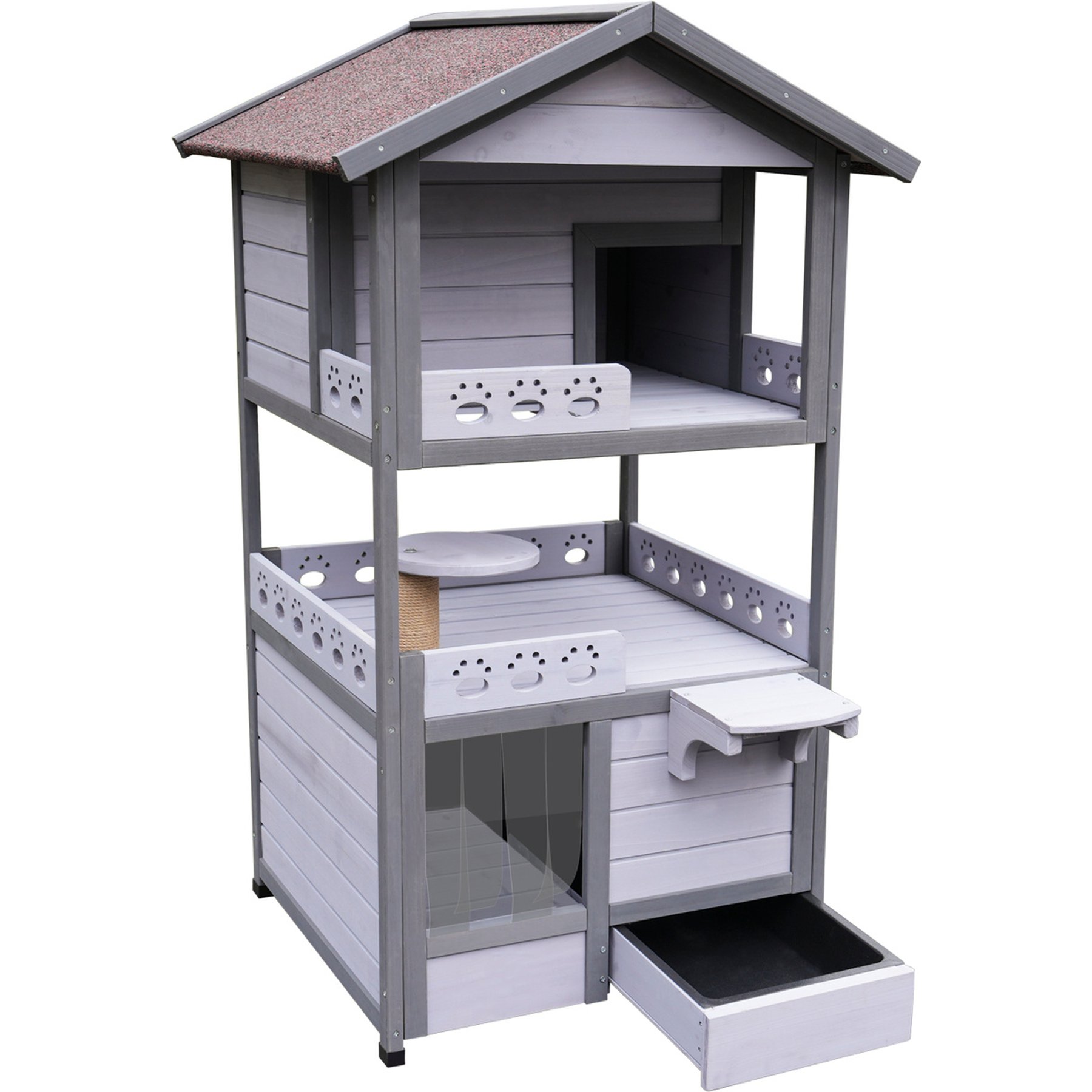 Zeus & Ruta Feral Villa Shelter Weatherproof Three Story Outdoor Cat House with Balcony, Gray