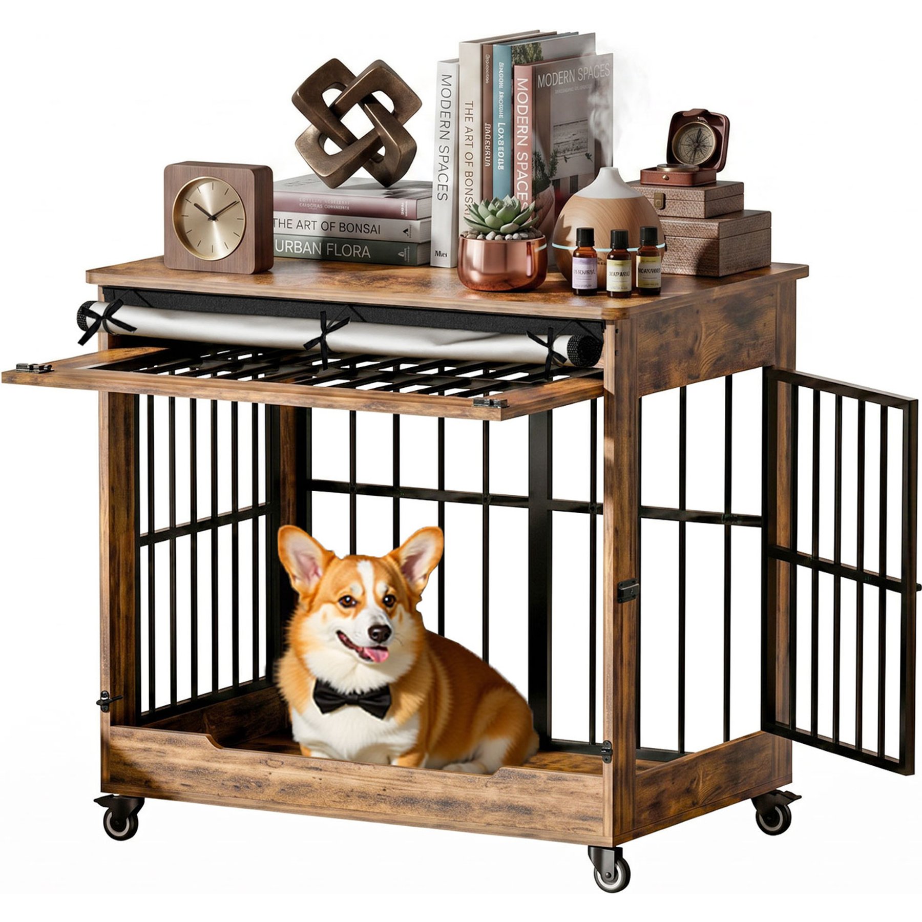 Zeus & Ruta Indoor Double Door Wooden Kennel Furniture Locking Dog Crate with Wheels, 32-in, Vintage Brown