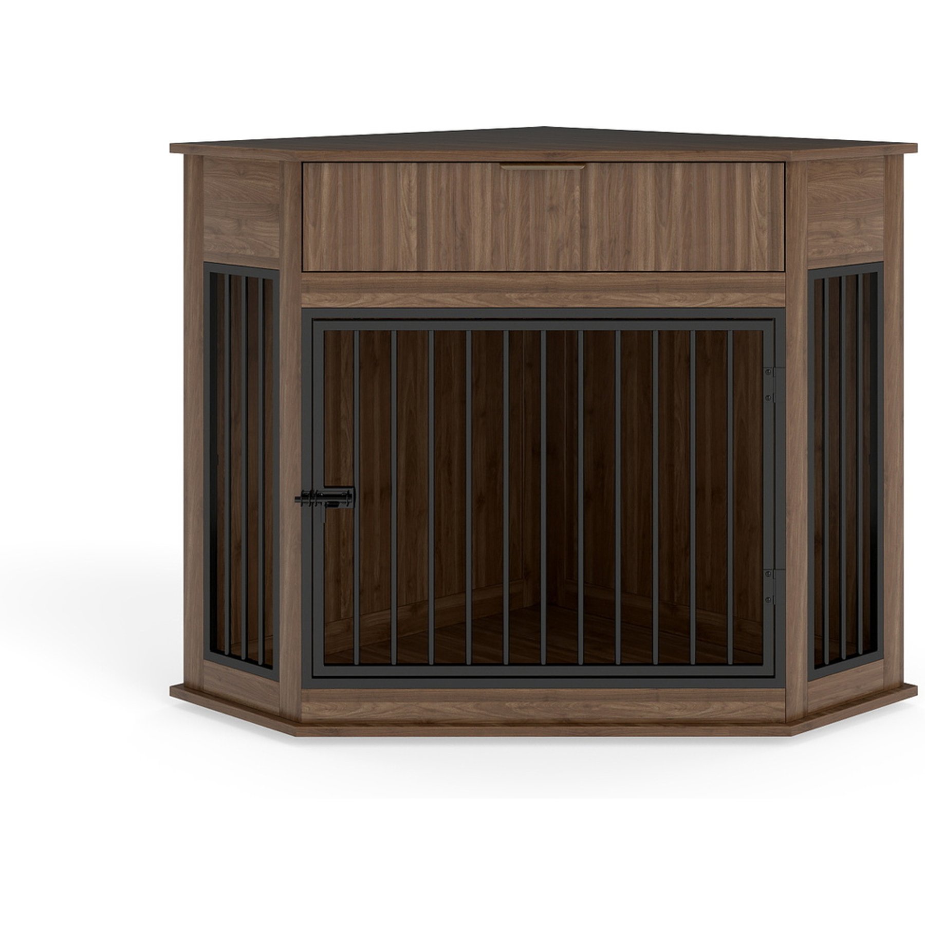 Zeus & Ruta MDF Locking Dog Crate with End Table Fluted Drawer, 44.6-in, Natural Walnut