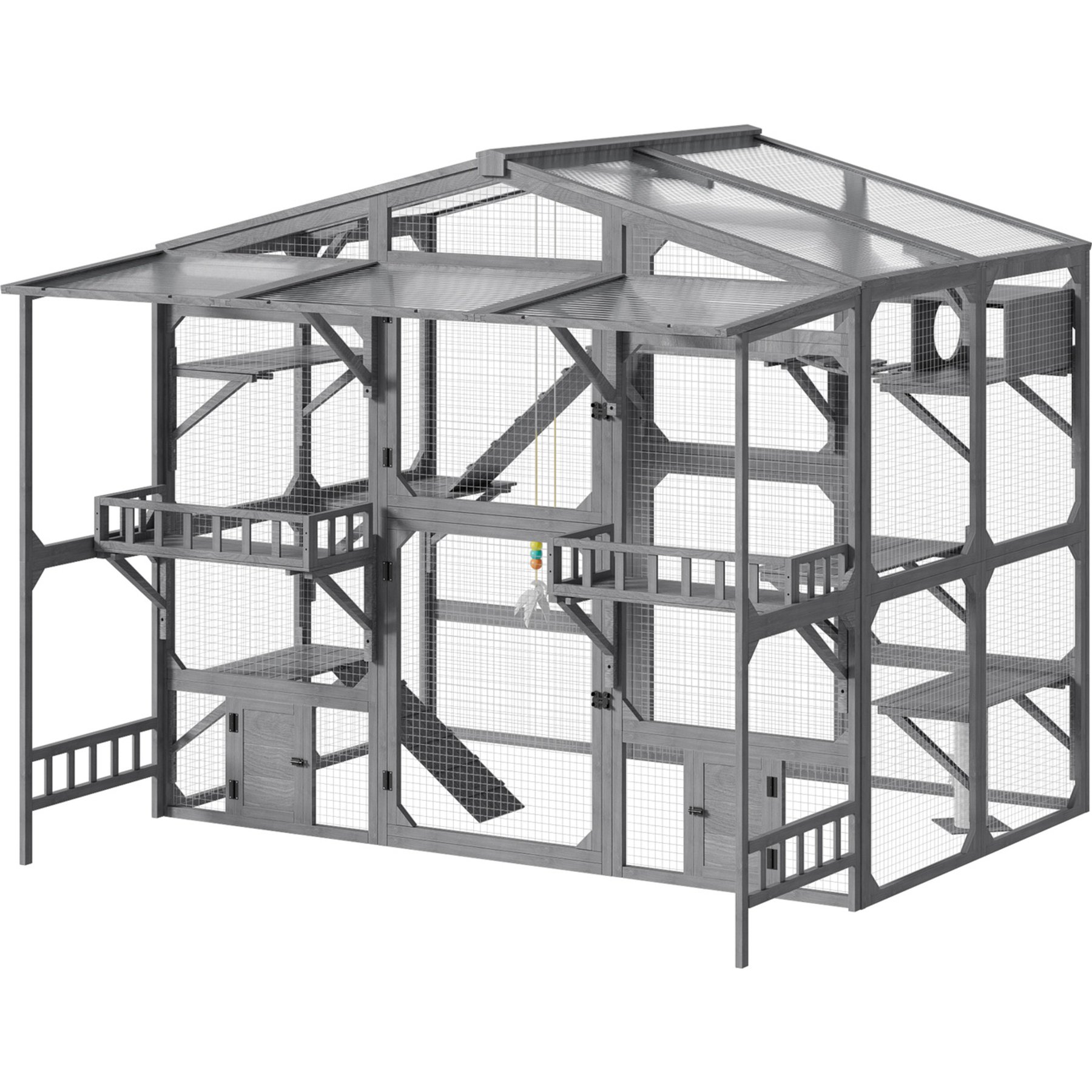 Zeus & Ruta Pine Wood Outdoor Cat House with Weatherproof Roof & Storage, Gray