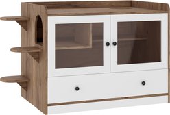Zeus & Ruta Wooden Cat Litter Box Enclosure with Drawer & Stairs, Brown/White