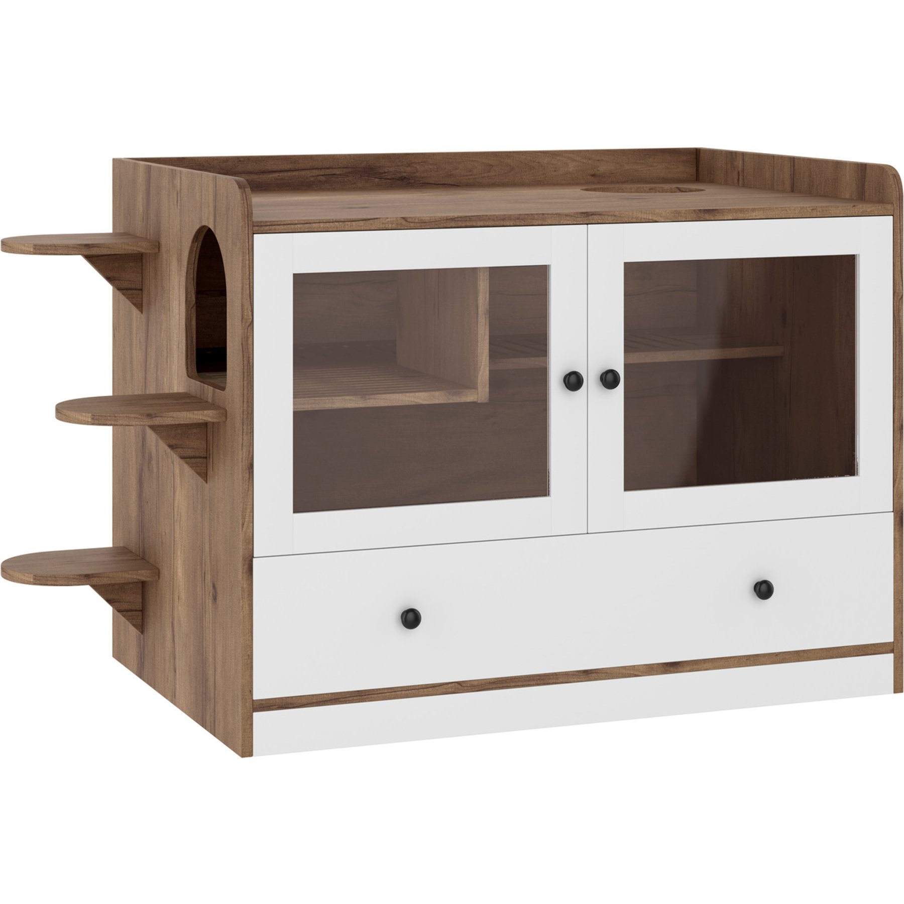Zeus & Ruta Wooden Cat Litter Box Enclosure with Drawer & Stairs, Brown/White