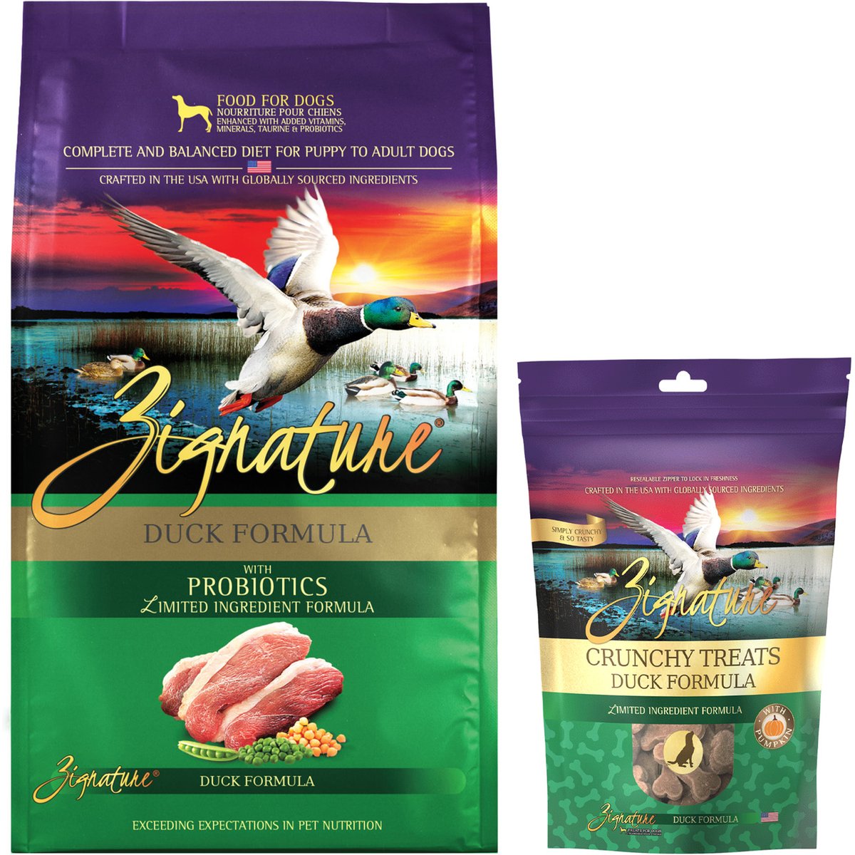 Zignature Duck Limited Ingredient Formula Grain-Free Dry Dog Food, 25-lb bag + Zignature Grain-Free Duck Formula Ziggy Bars Biscuit Dog Treats, 12-oz bag