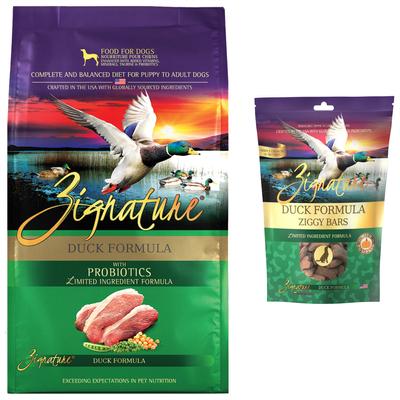 Show full view: Zignature Duck Limited Ingredient Formula Grain-Free Dry Dog Food, 25-lb bag + Zignature Grain-Free Duck Formula Ziggy Bars Biscuit Dog Treats, 12-oz bag slide 1 of 9