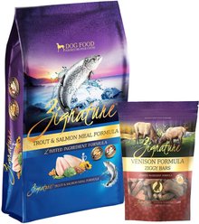 Zignature Limited Ingredient Formula Grain-Free Trout & Salmon Meal Dry Dog Food, 25-lb bag + Zignature Grain-Free Venison Formula Ziggy Bars Biscuit Dog Treats, 12-oz bag