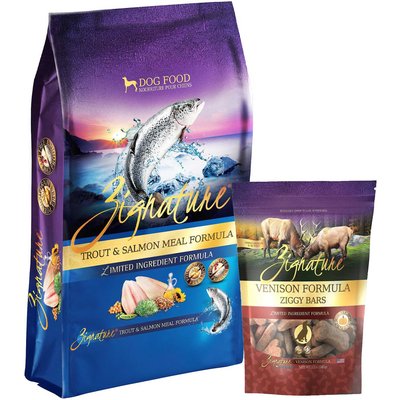 Zignature Zignature Limited Ingredient Formula Grain-Free Trout & Salmon Meal Dry Dog Food, 25-lb bag + Zignature Grain-Free Venison Formula Ziggy Bars Biscuit Dog Treats, 12-oz bag