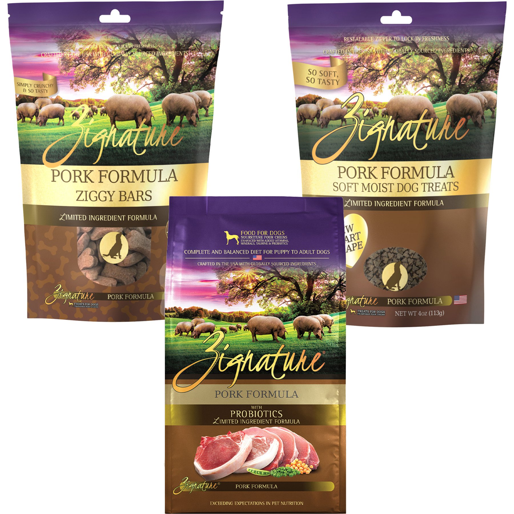 Zignature Pork Limited Ingredient Formula Dry Food, 12.5-lb bag + Ziggy Bars Biscuit Treats, 12-oz bag + Soft Dog Treats, 4-oz bag