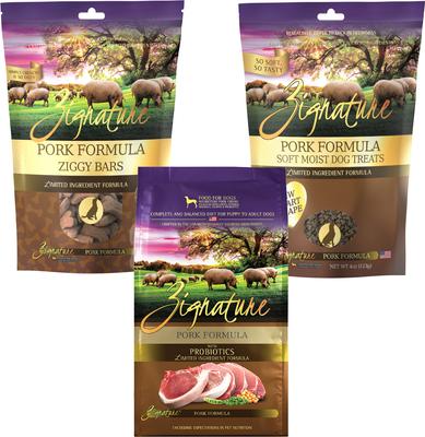 Show full view: Zignature Pork Limited Ingredient Formula Dry Food, 12.5-lb bag + Ziggy Bars Biscuit Treats, 12-oz bag + Soft Dog Treats, 4-oz bag slide 1 of 9