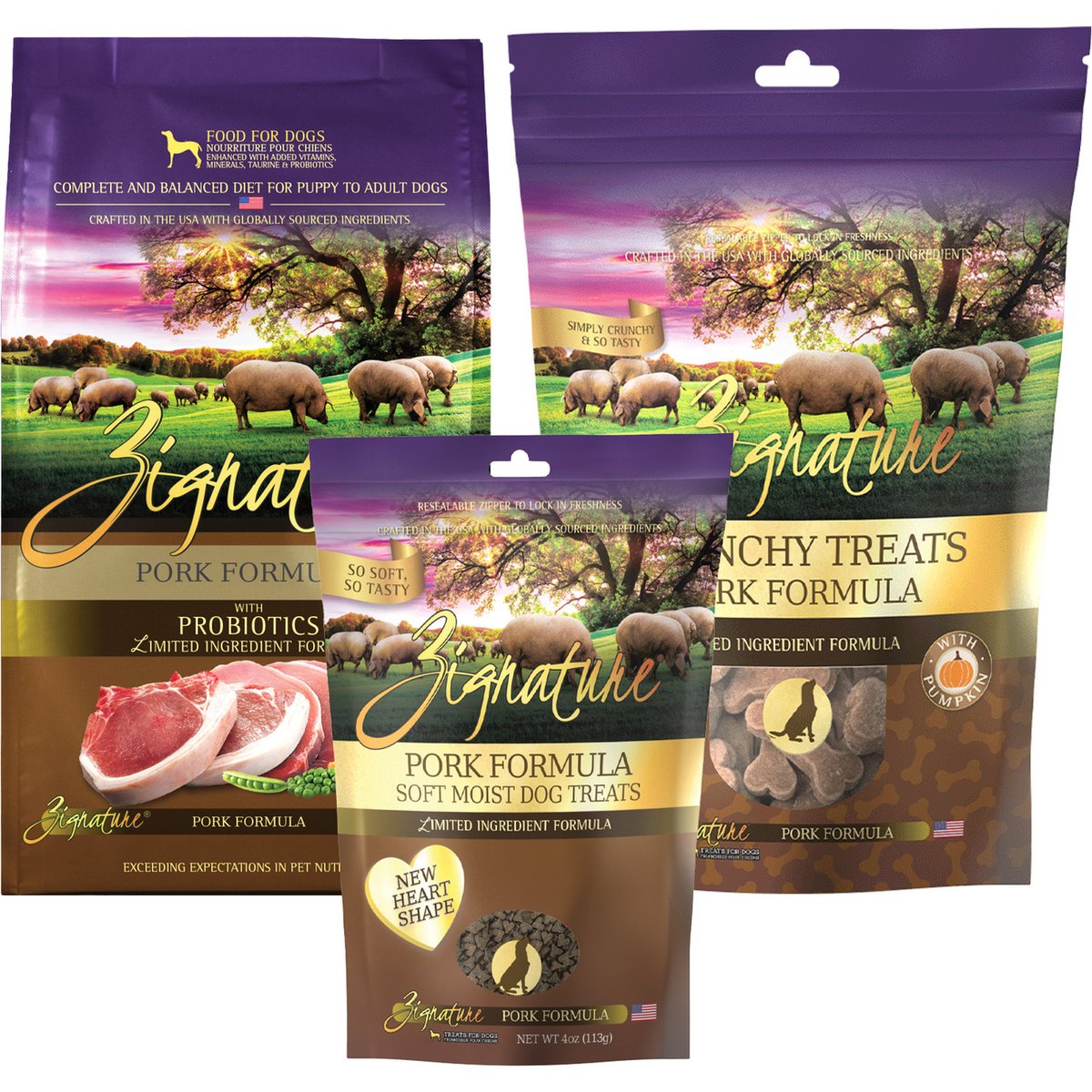Zignature Pork Limited Ingredient Formula Dry Food, 12.5-lb bag + Ziggy Bars Biscuit Treats, 12-oz bag + Soft Dog Treats, 4-oz bag