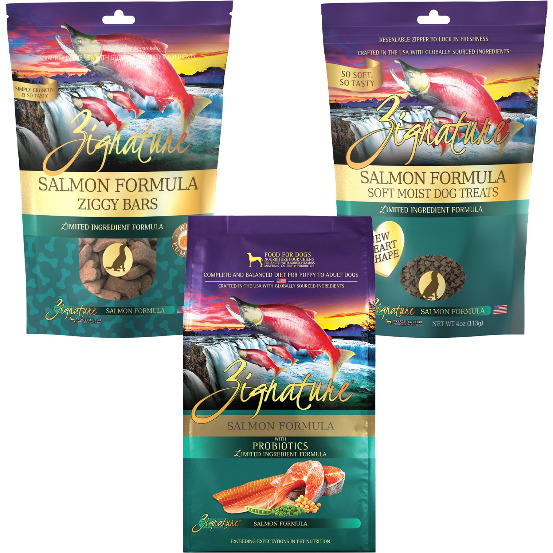 Zignature Salmon Limited Ingredient Formula Dry Food, 12.5-lb bag + Ziggy Bars Biscuit Treats, 12-oz bag + Soft Dog Treats, 4-oz bag