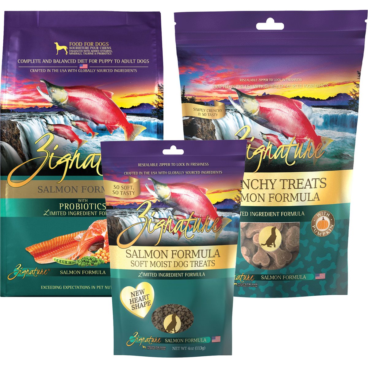 Zignature Salmon Limited Ingredient Formula Dry Food, 12.5-lb bag + Ziggy Bars Biscuit Treats, 12-oz bag + Soft Dog Treats, 4-oz bag