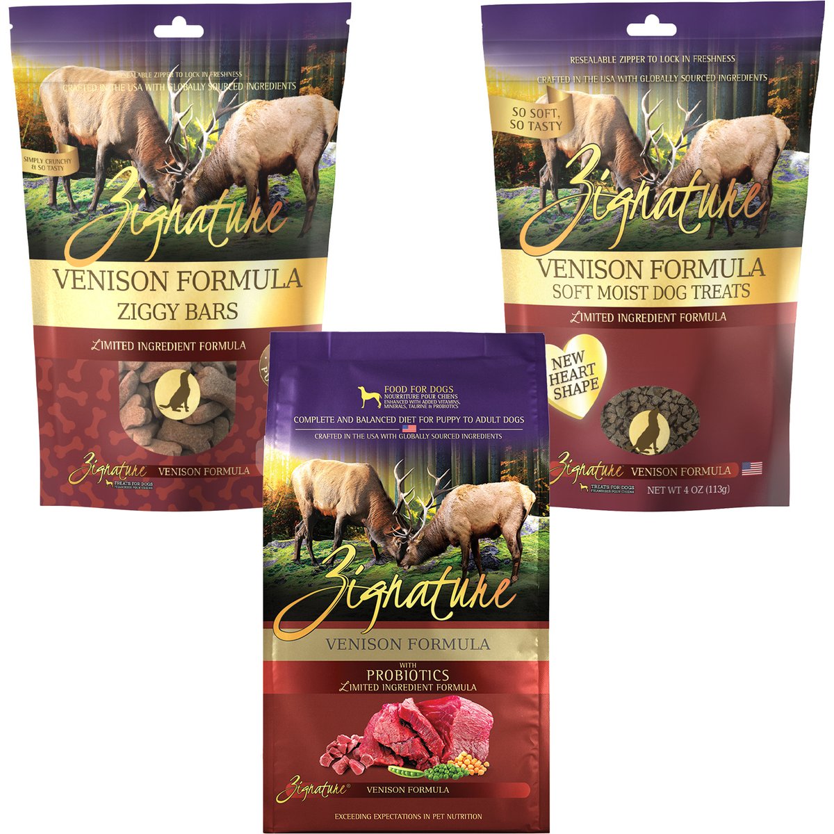 Zignature Venison Limited Ingredient Formula Dry Food, 12.5-lb bag + Ziggy Bars Biscuit Treats, 12-oz bag + Soft Dog Treats, 4-oz bag
