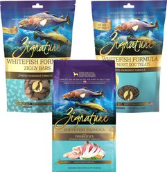 Zignature Whitefish Limited Ingredient Formula Dry Food, 12.5-lb bag + Ziggy Bars Biscuit Treats, 12-oz bag + Soft Dog Treats, 4-oz bag