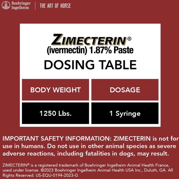 Show full view: Zimecterin Ivermectin 1.87% Paste Horse Dewormer, .21-oz syringe, 1 count slide 7 of 9