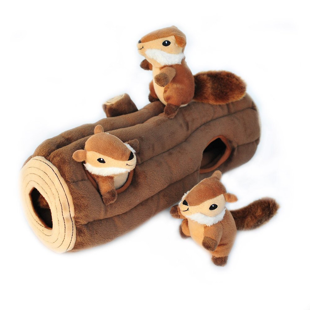Burrow Squeaky Hide & Seek Plush Dog Toy, Log & Chipmunks