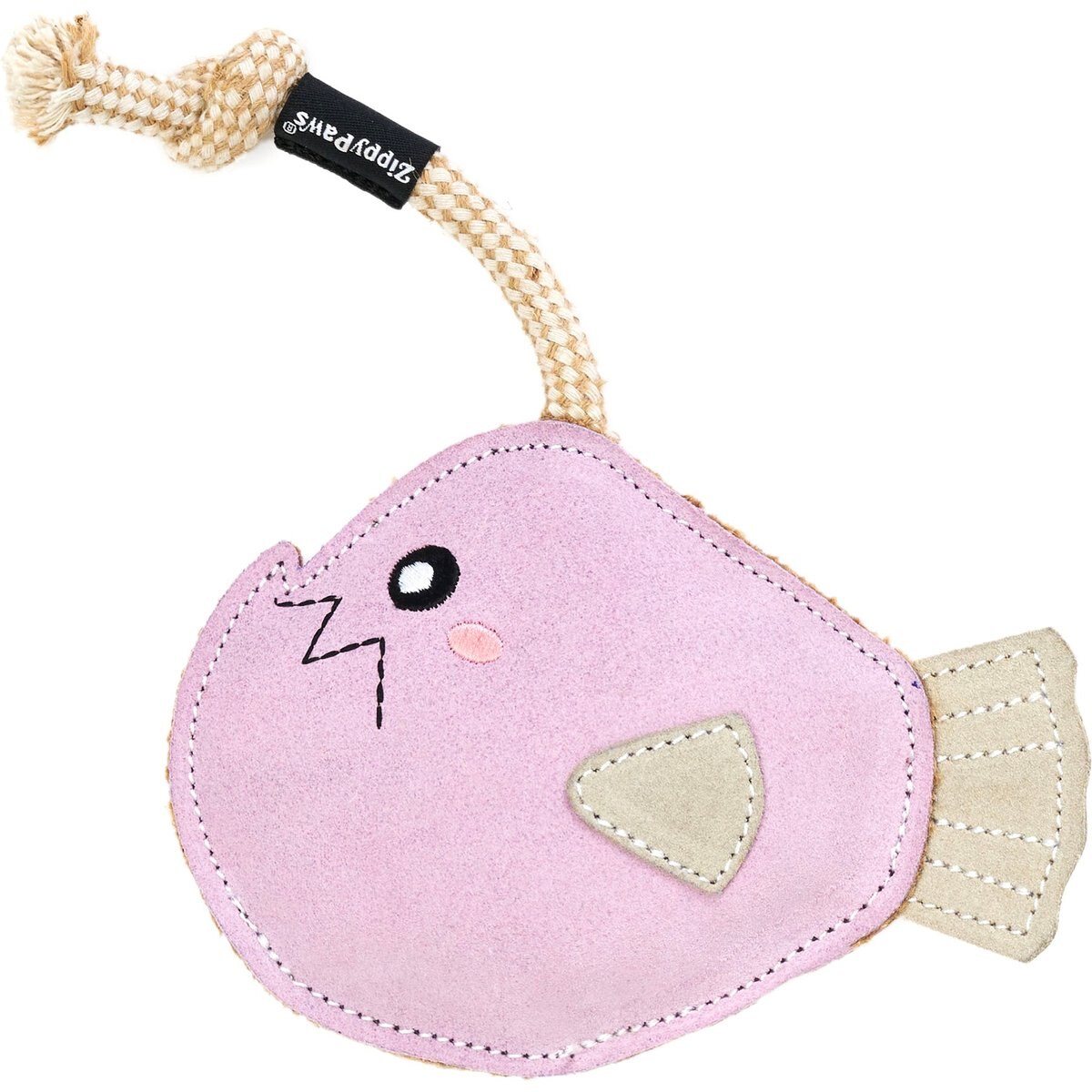 ZippyPaws EcoZippy Suede & Rope Buddies Angler Fish Dog Plush Toy, Pink