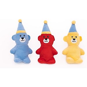 ZippyPaws Miniz Birthday Bears Dog Plush Toy, Blue/Red/Yellow, 3 count
