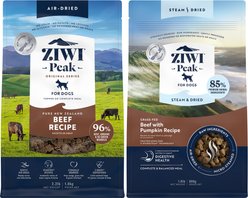 ZIWI Peak Beef Grain-Free Air-Dried Dog Food, 35.2-oz bag + Beef with Pumpkin Recipe Steam & Dried Dog Food, 28.8-oz bag